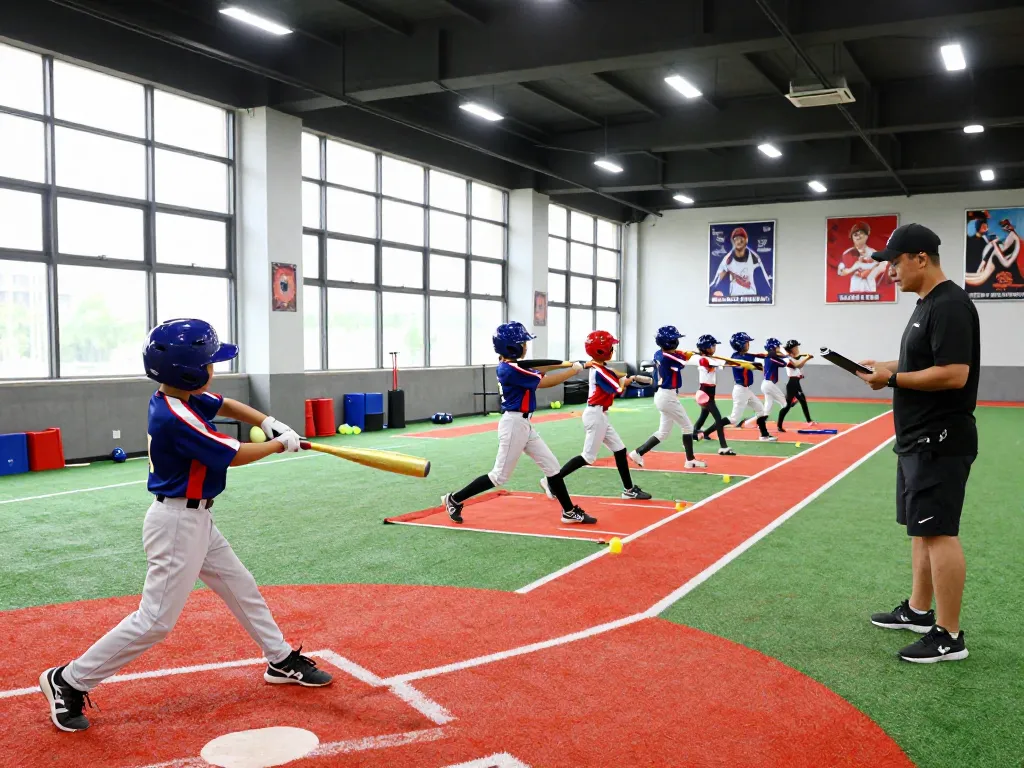 Young athletes training at hitclub baseball facility, focusing on skills development and teamwork in a bright, energetic atmosphere.