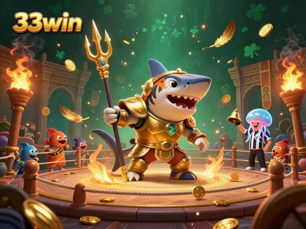 Experience the excitement of 33win with a thrilling underwater casino scene featuring a fierce tiger shark and gold elements.