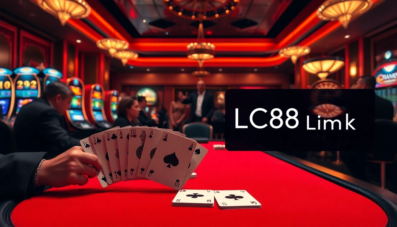 A high-stakes poker game at a luxurious casino, promoting the LC88 Link for professional gambling.