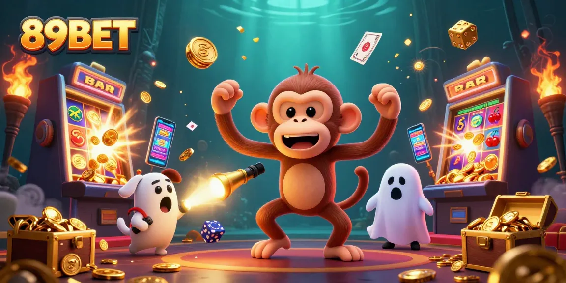 Engage with thrilling games at 89BET while a mischievous monkey juggles golden coins in a vibrant casino.