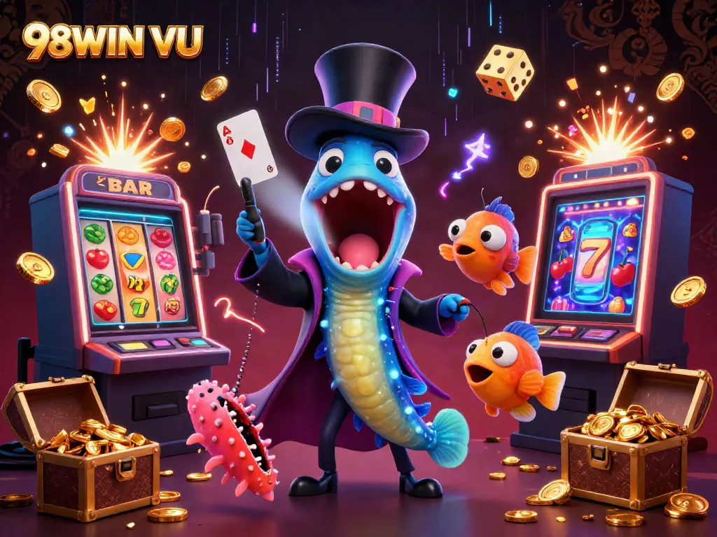 Experience the dazzling magic of 98WIN VU with vibrant casino illustrations featuring lucky symbols and characters.