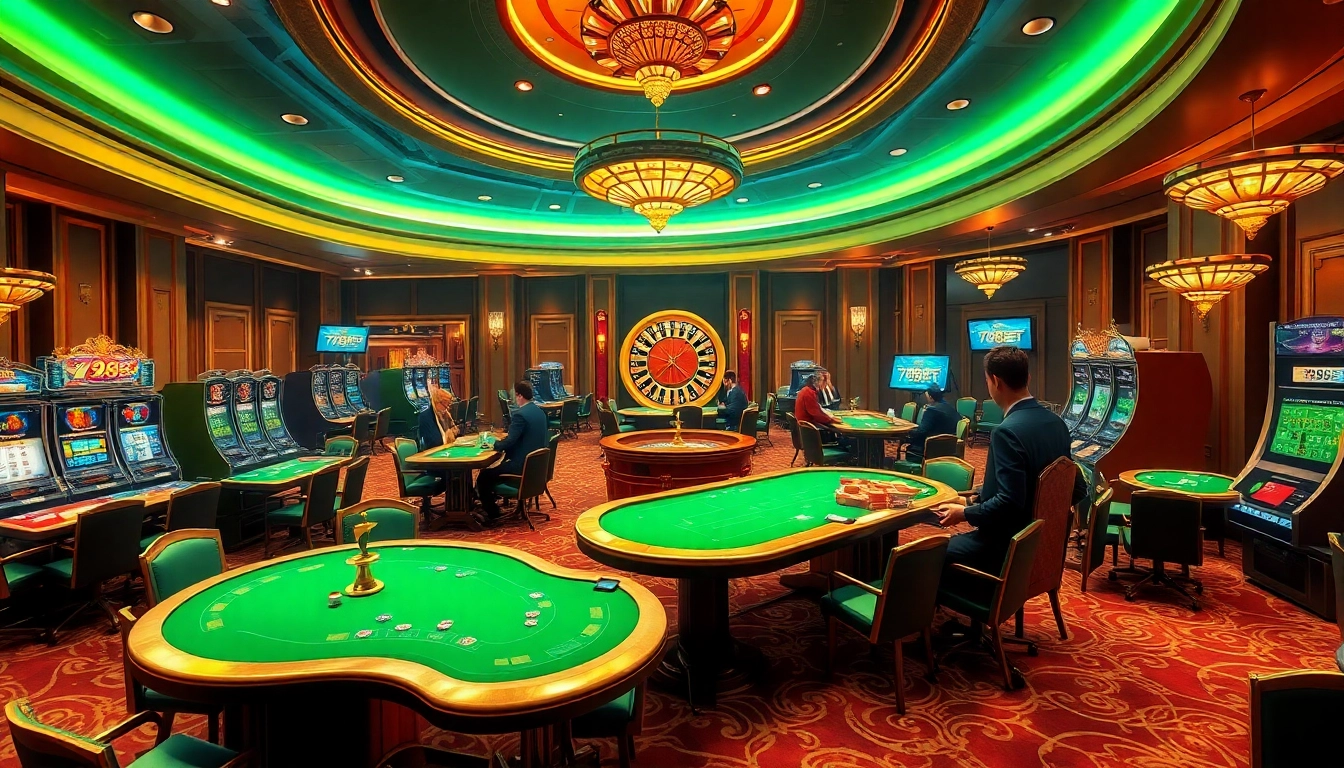 Players enjoying a thrilling game at 789BET casino with vibrant tables and exciting slot machines.