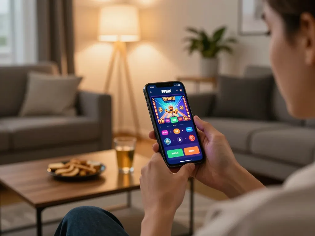 Enjoying immersive gameplay on the 56WIN mobile app in a cozy living space, highlighting responsible gambling