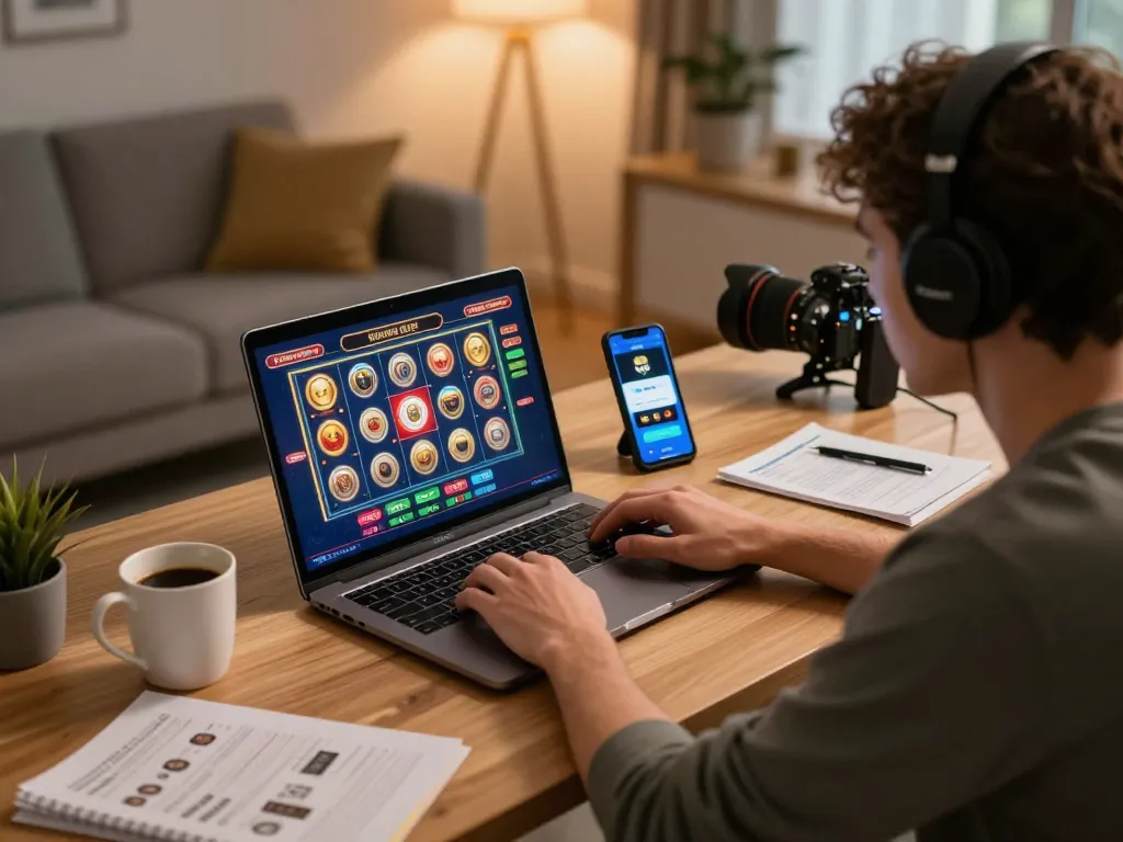 Player engaging with kp88 online casino app on laptop at home, showcasing strategic gaming.