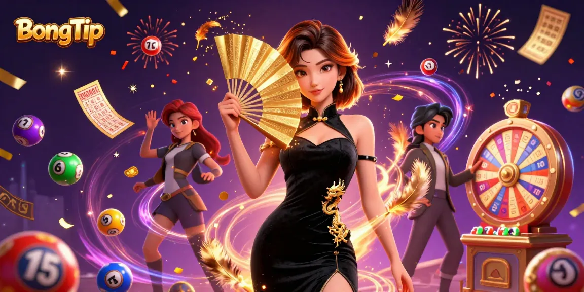 BongTip showcases an Asian woman in a velvet dress amidst vibrant lottery elements, enhancing the gambling experience.