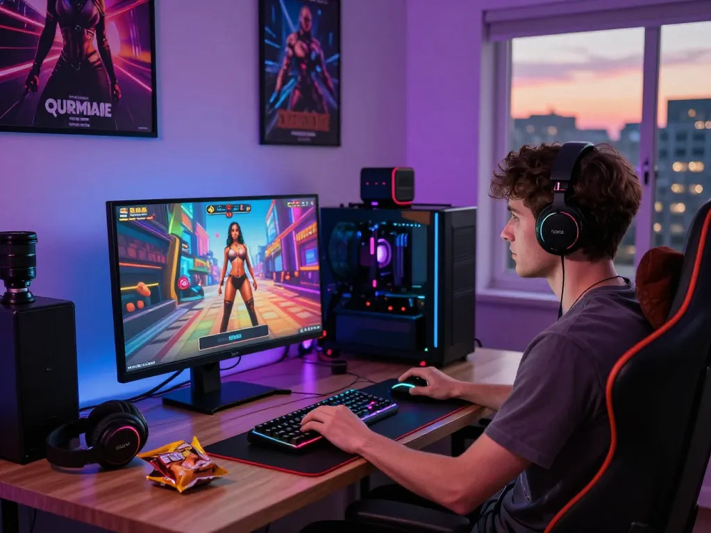Gamer immersed in interactive porn games on a vibrant desktop setup featuring a 3D sex simulator, colorful RGB lighting, and cityscape view.