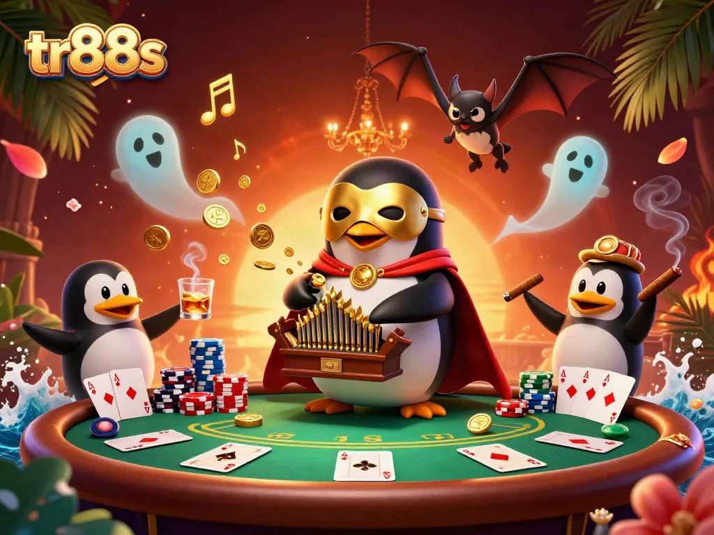 Experience thrills at tr88s with a vibrant casino scene featuring a penguin playing an organ, poker chips, and acrobatics.