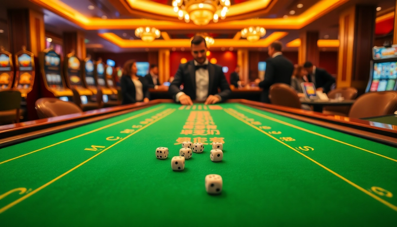 Tài xỉu MD5 gaming table surrounded by excitement and luxury in a vibrant casino.