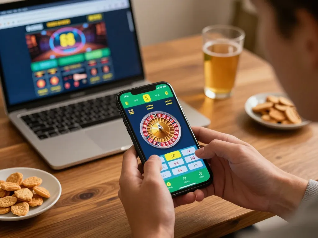 Player engaging with the EE 88 app while preparing for thrilling roulette action at home