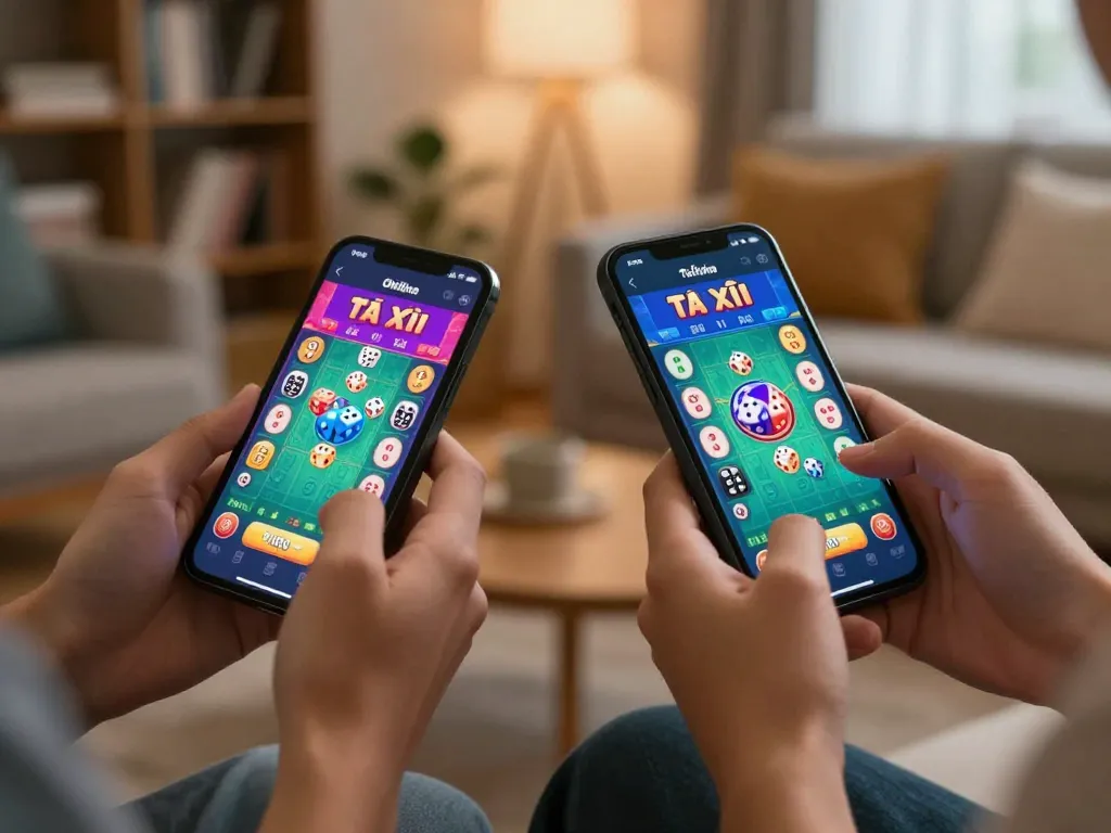 Tai Xiu Online gameplay on mobile devices with engaging user interfaces in a cozy home setting