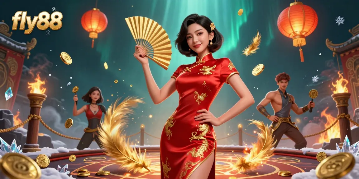 Experience the thrill of fly88 with an exciting scene of a radiant Asian woman and casino elements.