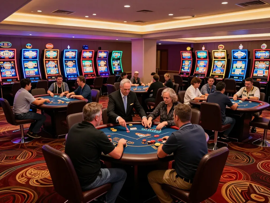 Players enjoying strategic poker gameplay at OKFUN's stylish casino floor, under warm ambient lighting.