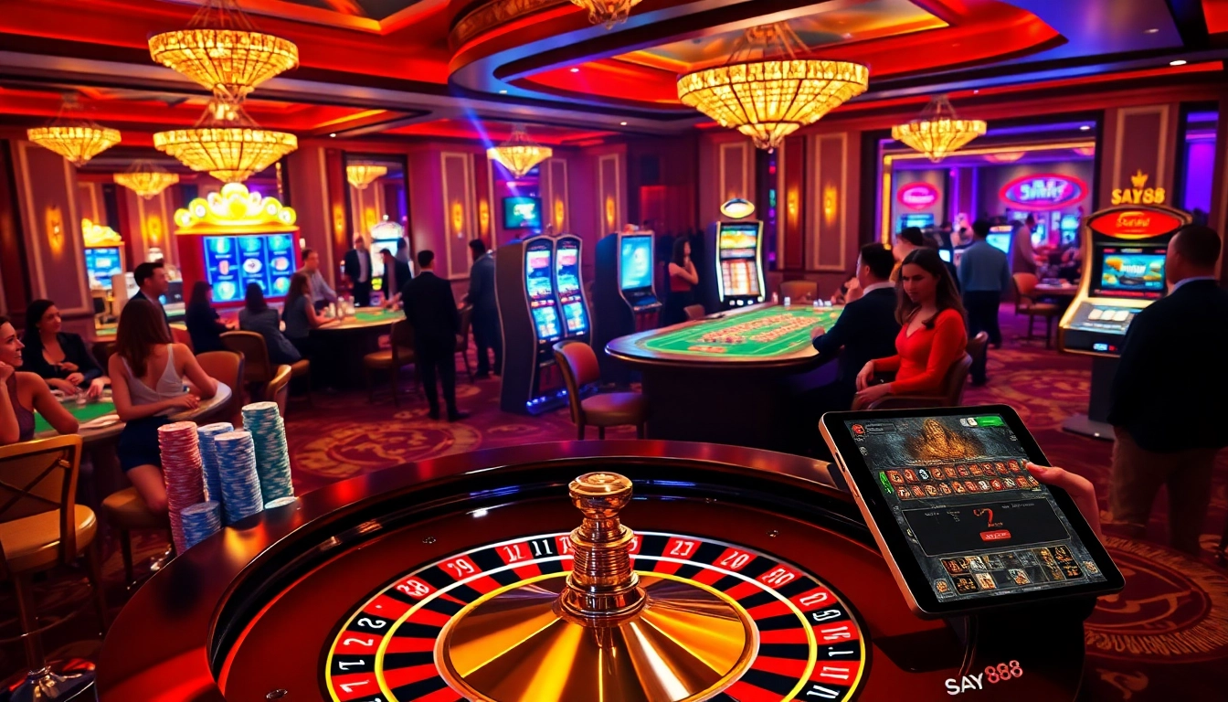 SAY88 players enjoying a thrilling casino experience at a luxury roulette table amidst vibrant gaming activities.