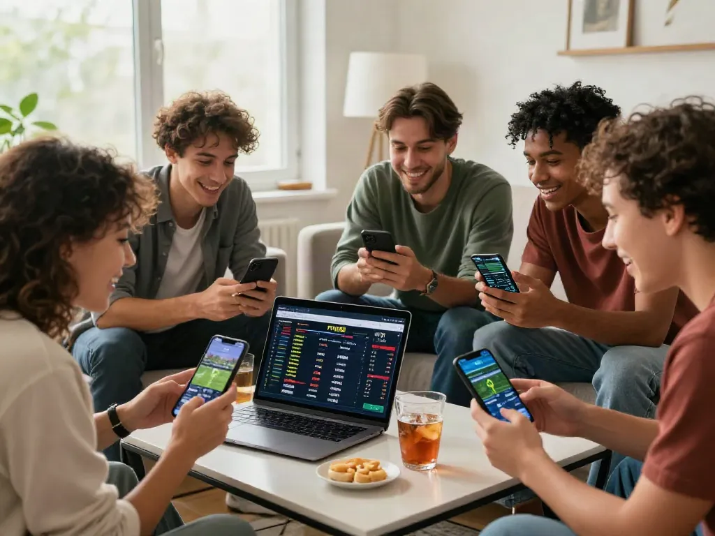 Friends enjoying an exciting online betting experience with FIVE88 in a modern living room.