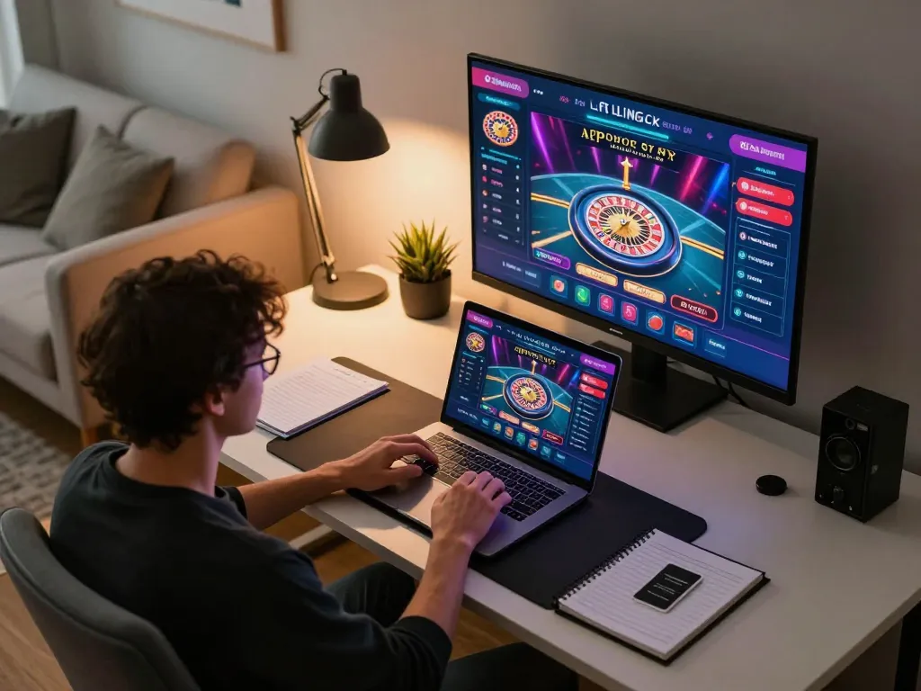 Engaging in online gaming with good88a live dealer, showcasing dynamic gaming setup in stylish home