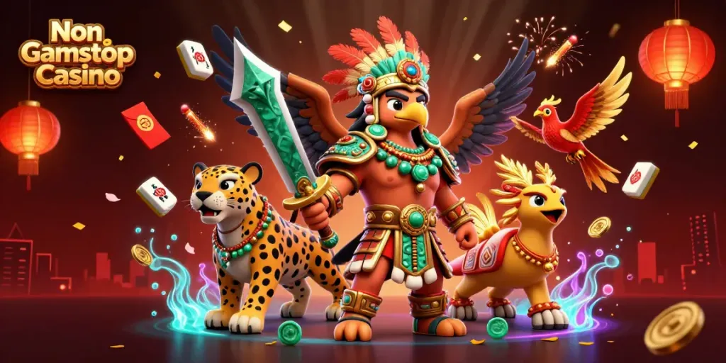 Experience the action of Non Gamstop Casino with dynamic 3D characters and colorful gambling elements.