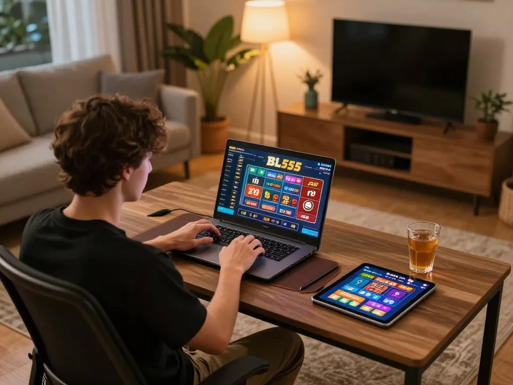 Engaging with BL555's online casino from a cozy home gaming setup, highlighting strategic play.