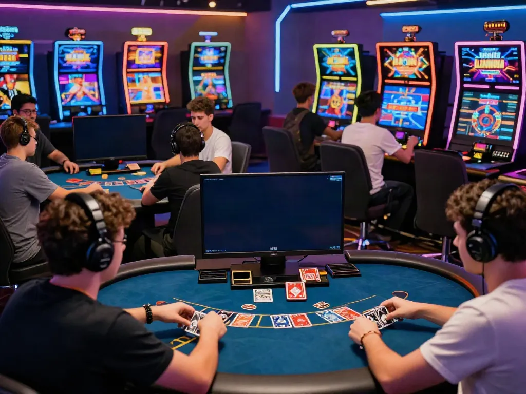Dynamic gaming scene with players enjoying f168. online games in a vibrant lounge.