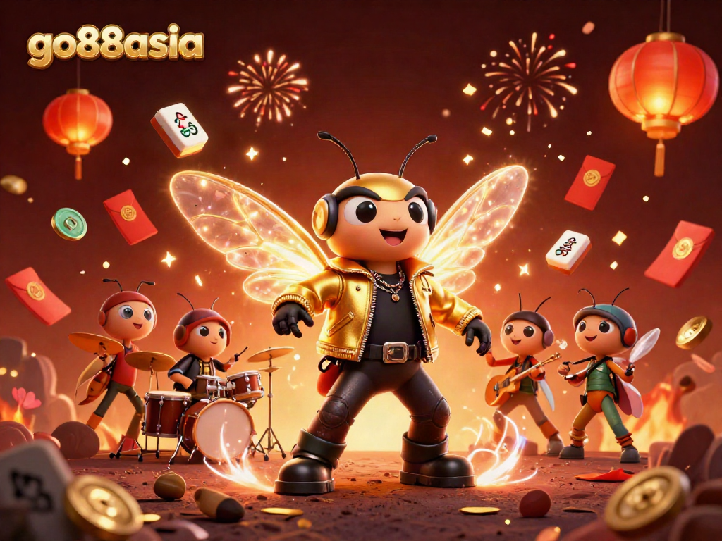 Experience thrilling gameplay with go88asia through a vibrant scene featuring a cicada rock star, enhanced with festive gaming elements.