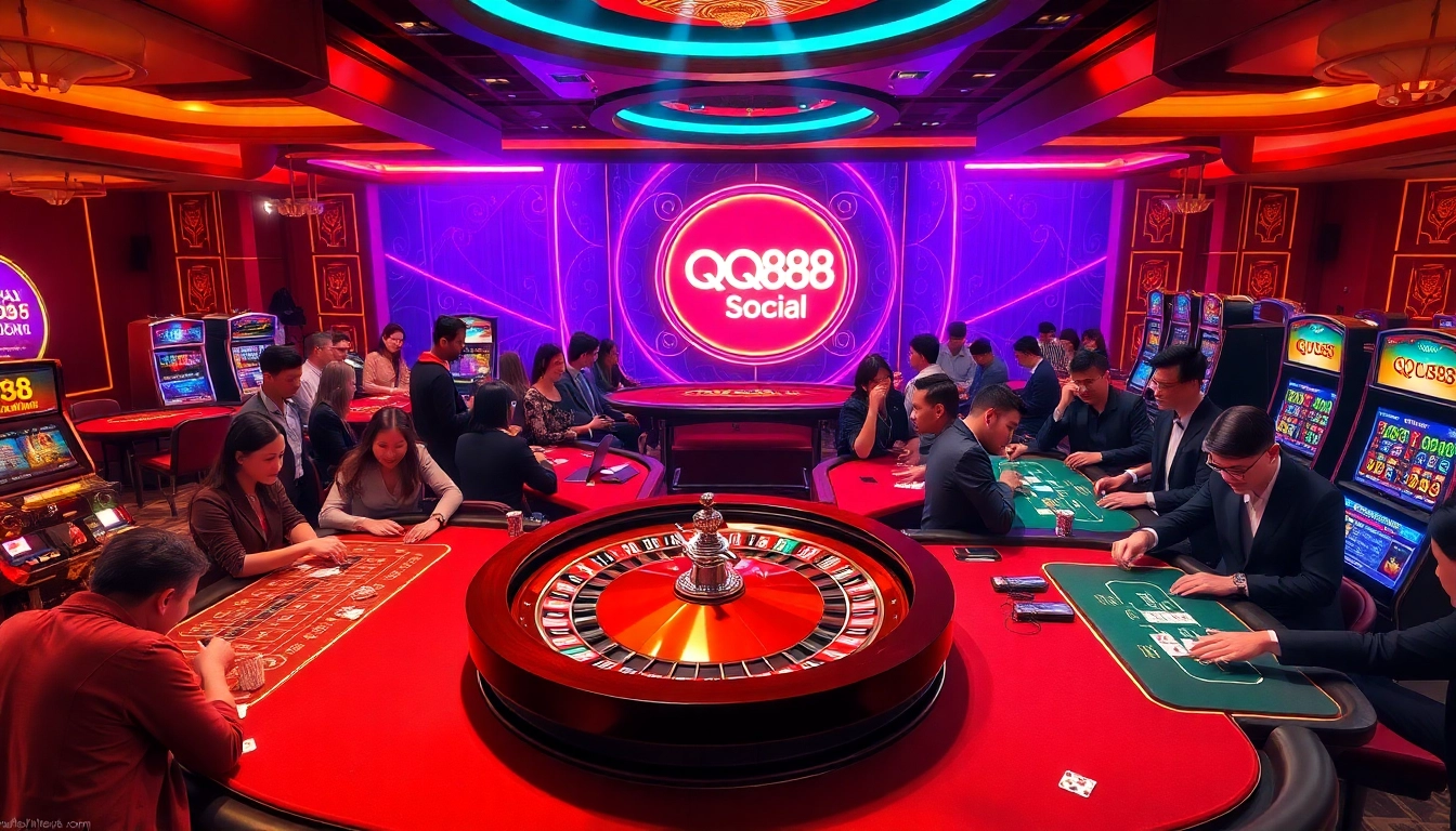 Experience thrilling moments at QQ88 Social's lively casino with poker tables and roulette.