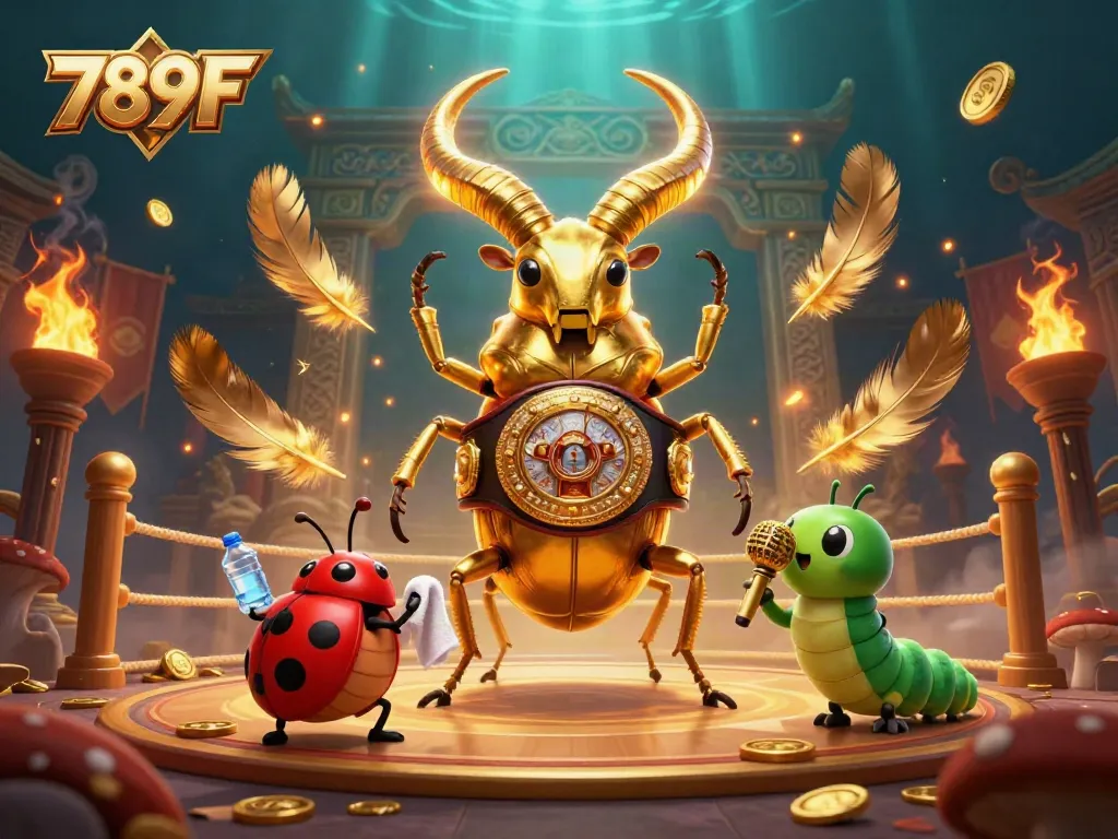 Engage with 789F as a giant golden stag beetle steps into the ring, bathed in ember particles and gold coins.