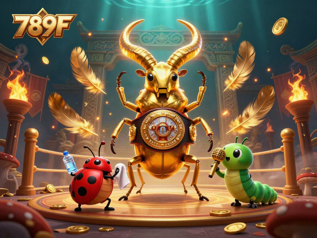 Engage with 789F as a giant golden stag beetle steps into the ring, bathed in ember particles and gold coins.