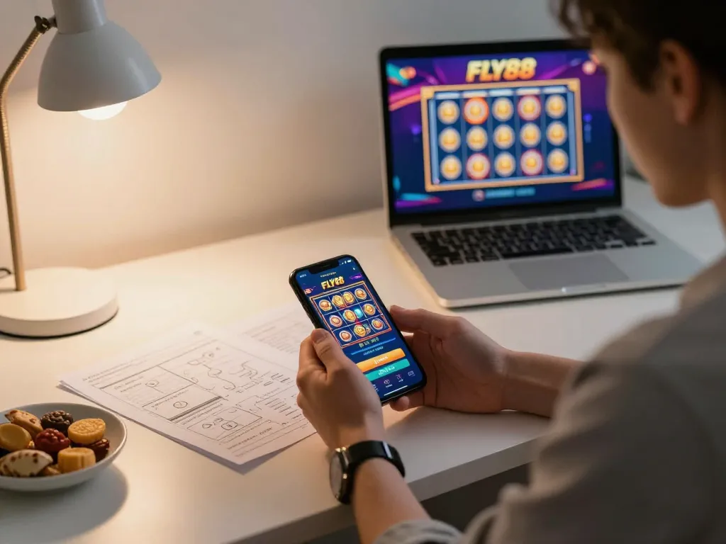 Player engaging with FLY88 casino app on smartphone amidst cozy home office setup, showcasing online gambling experience.