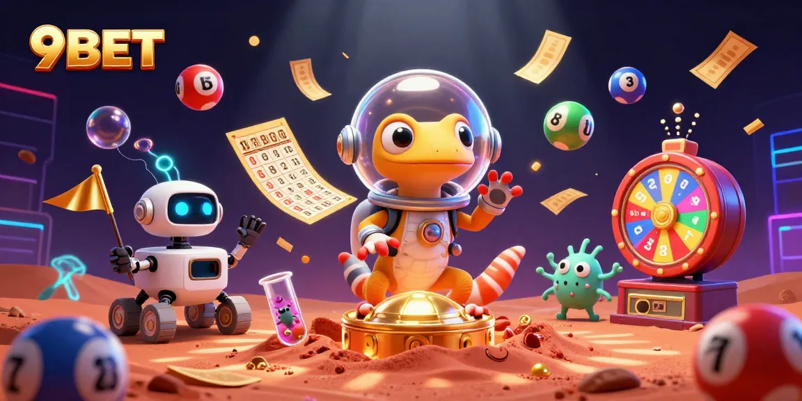 Experience exciting games at 9BET Casino with vibrant lottery balls and golden tickets!