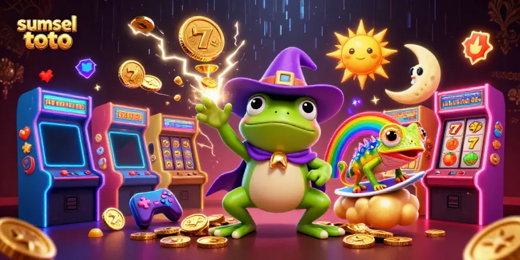 Spin for riches with sumsel toto, featuring a wizard frog and chameleon in a dazzling gaming scene.