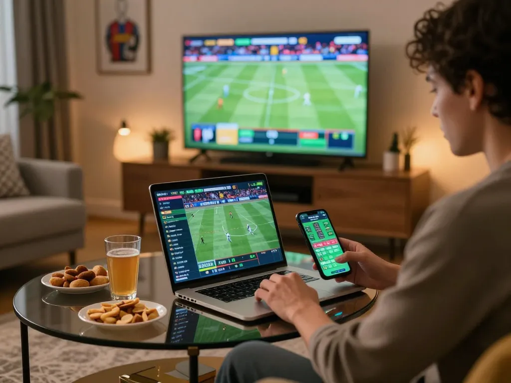 Placing live bets on 78wim using a laptop in a stylish home environment with sports events on screen.