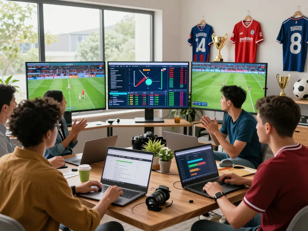 Football fans engaged with NOWGOAL statistics and live scores during a match analysis.