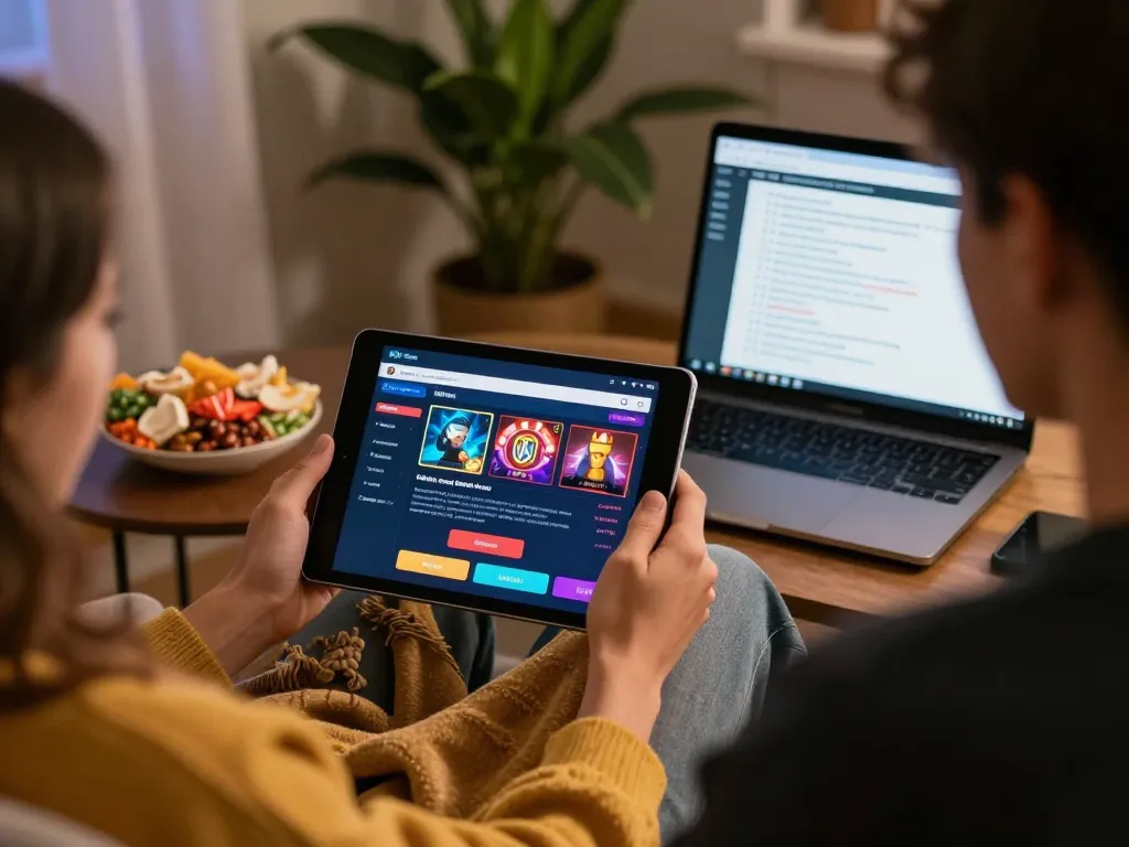 Engaging moment of a user exploring the 33win app with snacks and strategy notes for responsible gaming