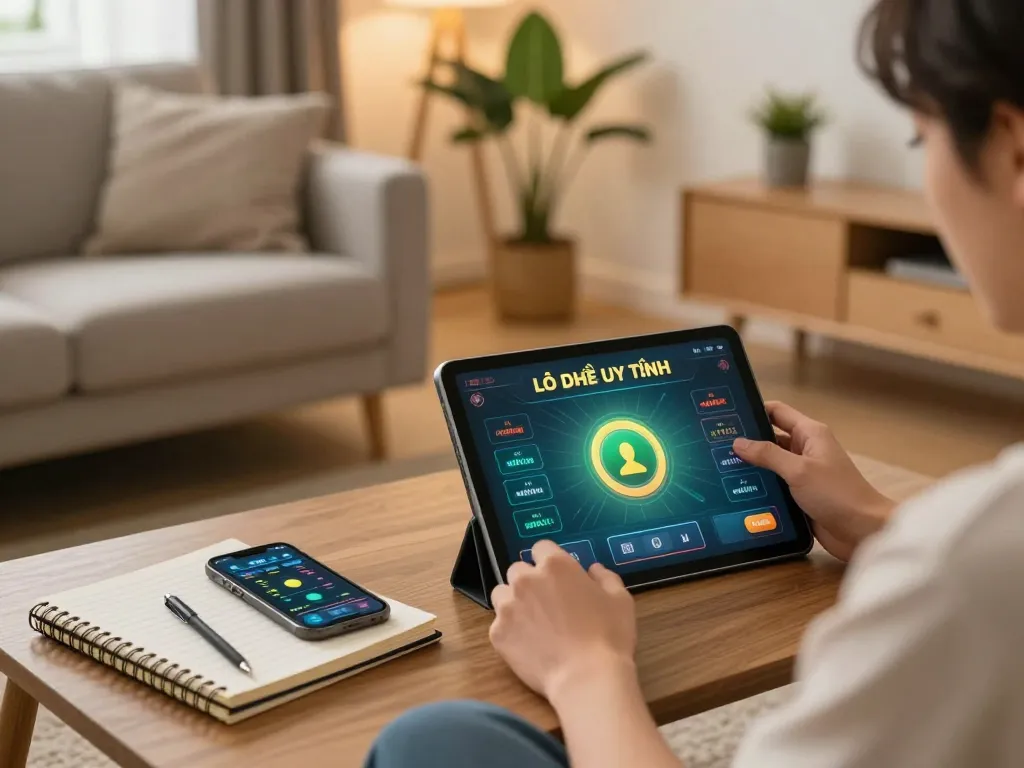 Lô Đề Uy Tín online gaming at home with tablet on a cozy coffee table setup.