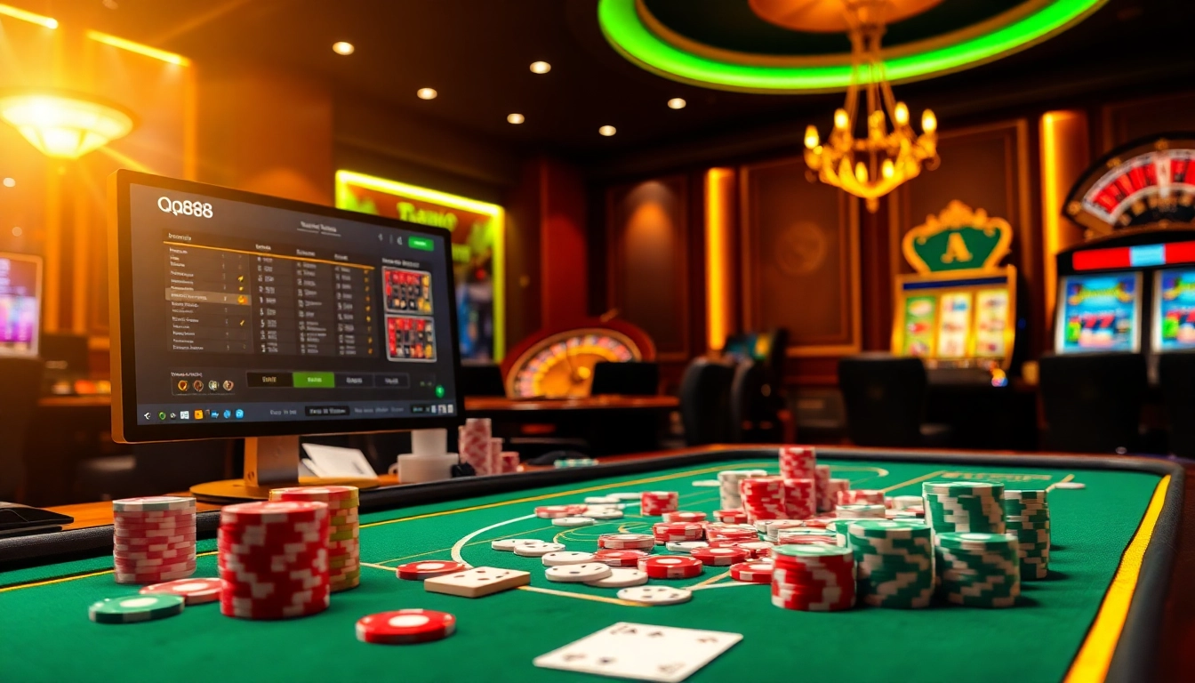 Experience thrilling gaming moments at Nhà cái uy tín QQ88 with vibrant casino tables, roulette wheels, and colorful poker chips.