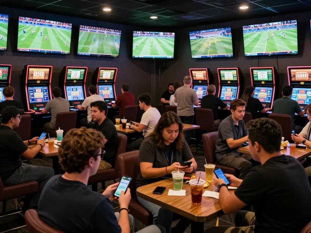 Excited fans engaging in sports betting at a lively lounge, focusing on keo nha cai 5 strategies.