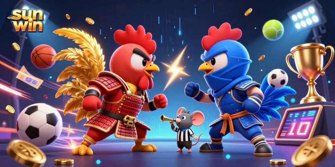 Engage in thrilling competition at sun win with 3D cartoon fighting roosters and dynamic sports elements.