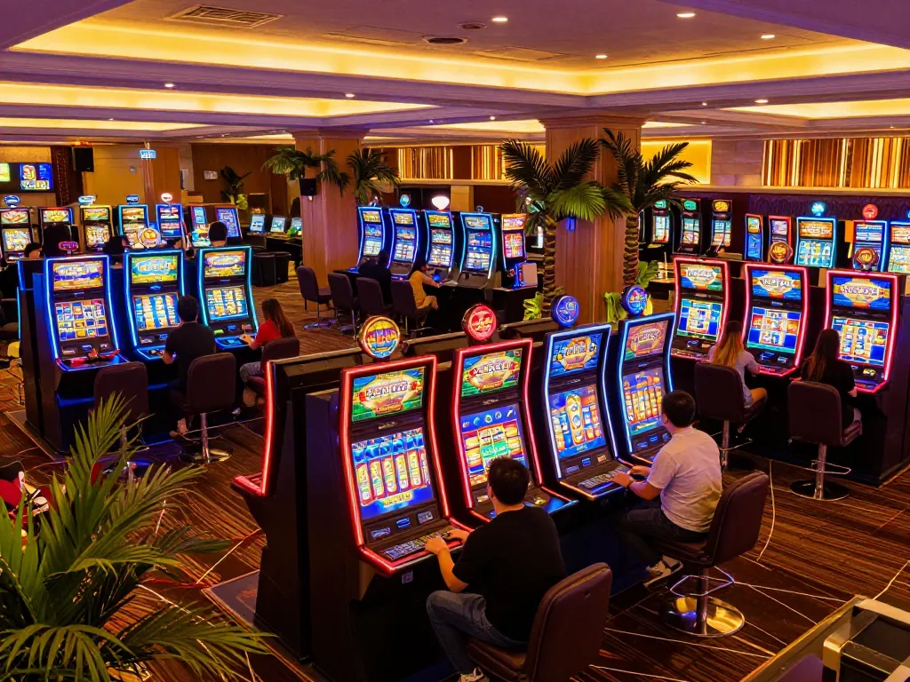 Engaging in thrilling slot gaming at pucuk138 with vibrant machines and lively atmosphere.