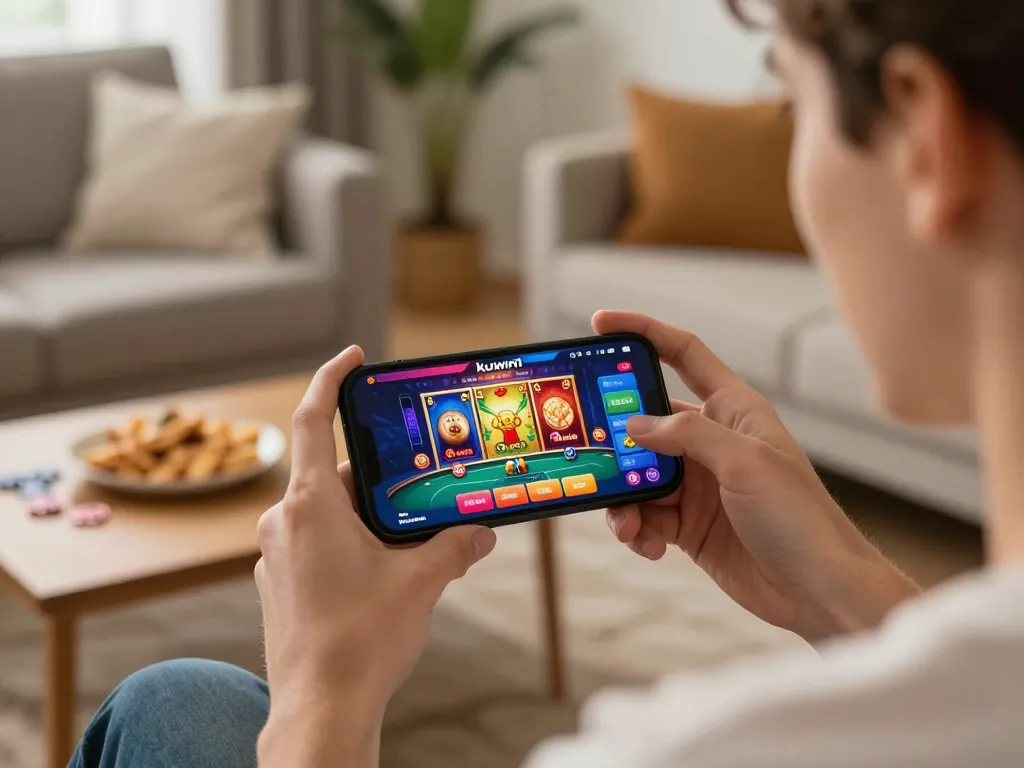 Engaging with kuwin1 casino app on smartphone in a cozy home setting.