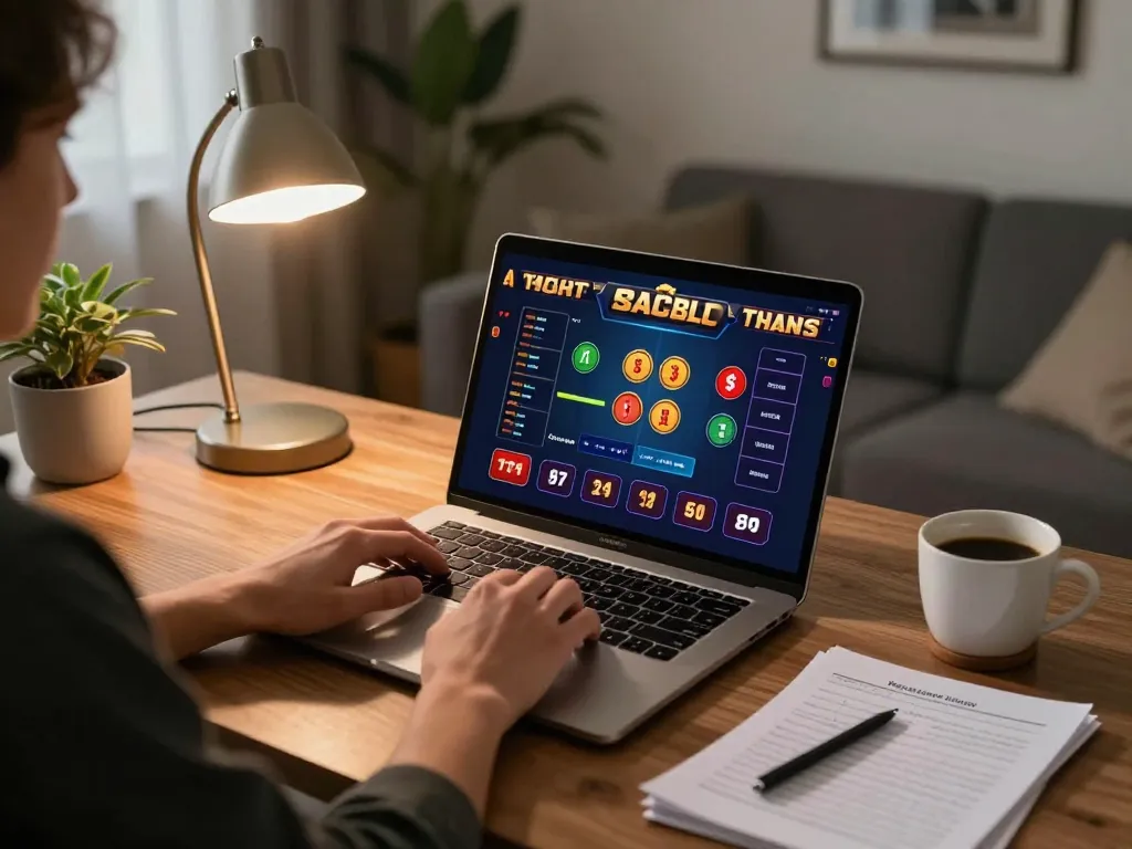 Engaging in online gambling at https://kjc365.com/ with a laptop setup and strategies in a cozy home environment.