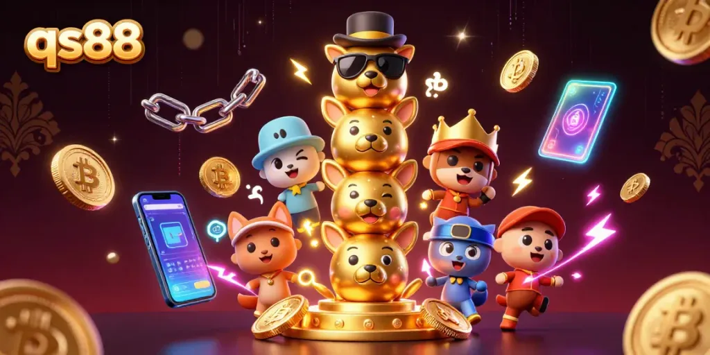 Engage in thrilling games at qs88 with vibrant 3D illustrations showcasing a casino atmosphere and crypto elements.