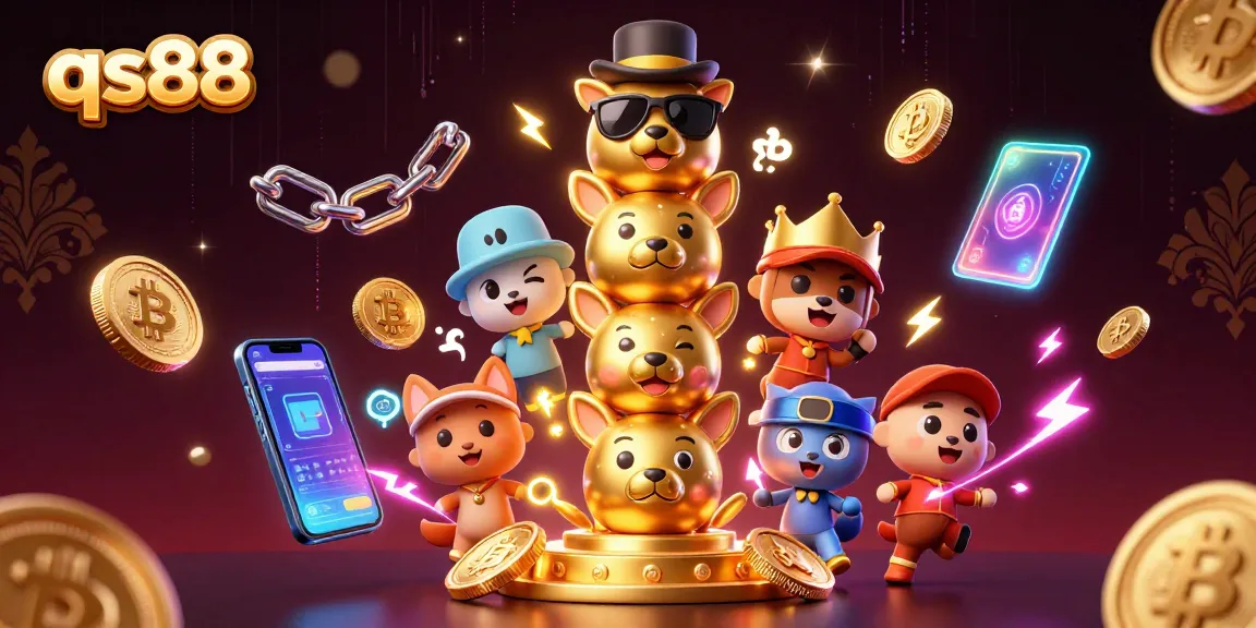 Engage in thrilling games at qs88 with vibrant 3D illustrations showcasing a casino atmosphere and crypto elements.