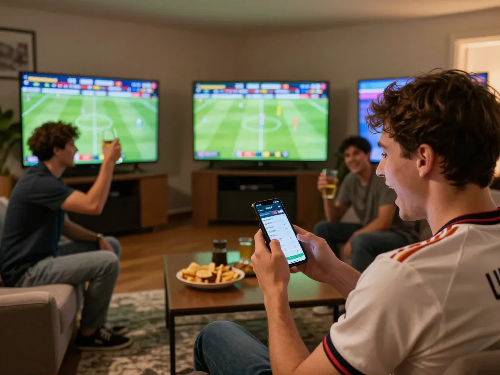 Soi kèo betting action captured on smartphone during live sports event surrounded by celebrating friends.