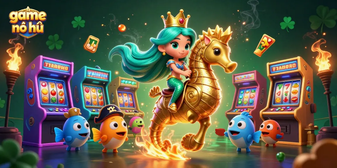 Experience game nổ hũ vividly with a mermaid riding a seahorse amid neon gaming excitement.