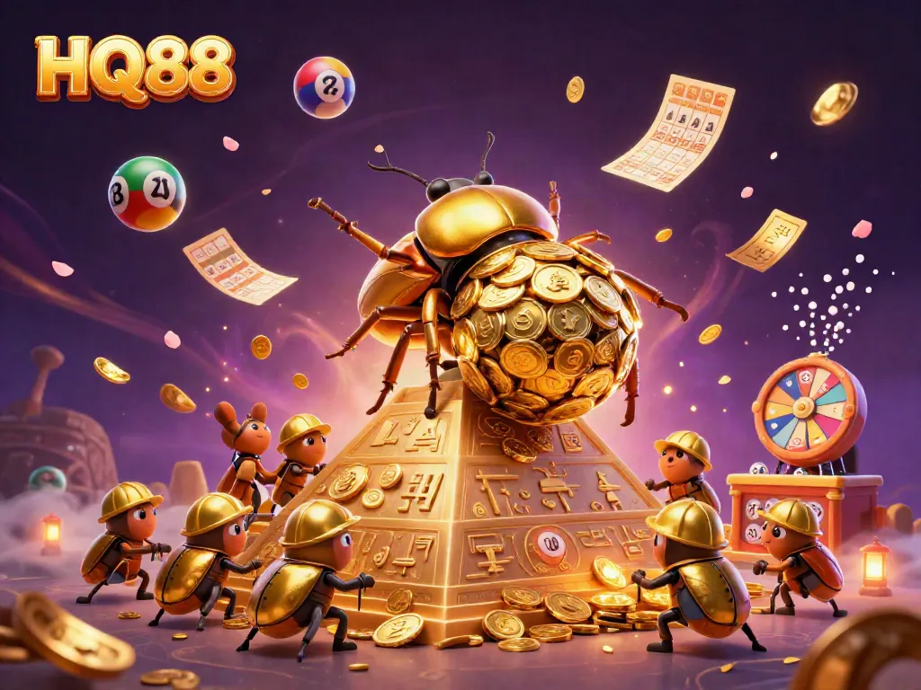 Experience the thrill of HQ88 with a golden dung beetle rolling coins in an exquisite casino scene.
