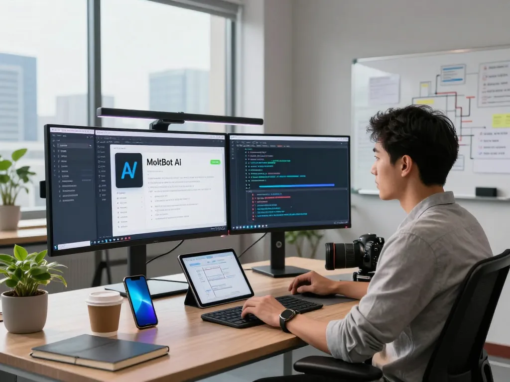 MoltBot AI workspace showcasing developer using advanced task automation tools, vibrant modern office setting.