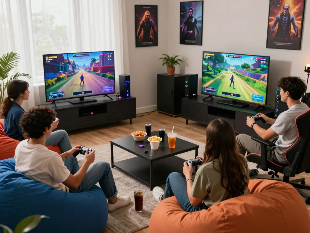 Diverse group of friends enjoying bomwin gaming session in a cozy living room with snacks and vibrant game graphics.