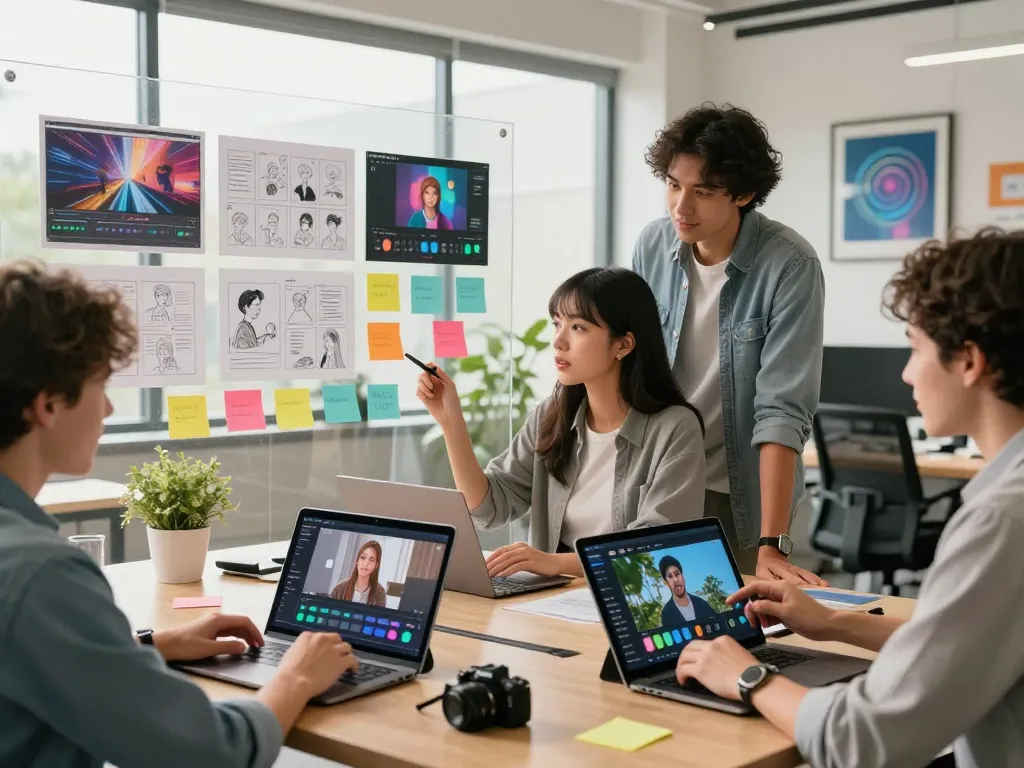 Team collaborating in a digital workspace, showcasing ai seedance 2.0 video production process.