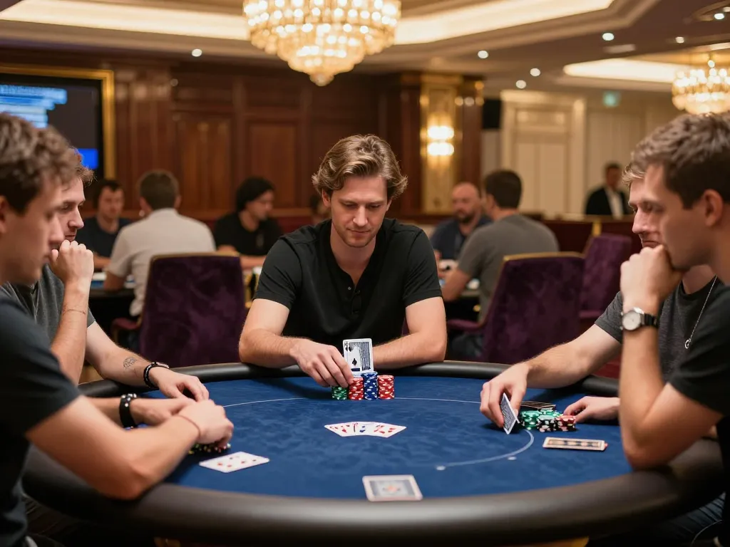 MM88 players strategizing in an upscale poker room with luxurious decor and intense gameplay.