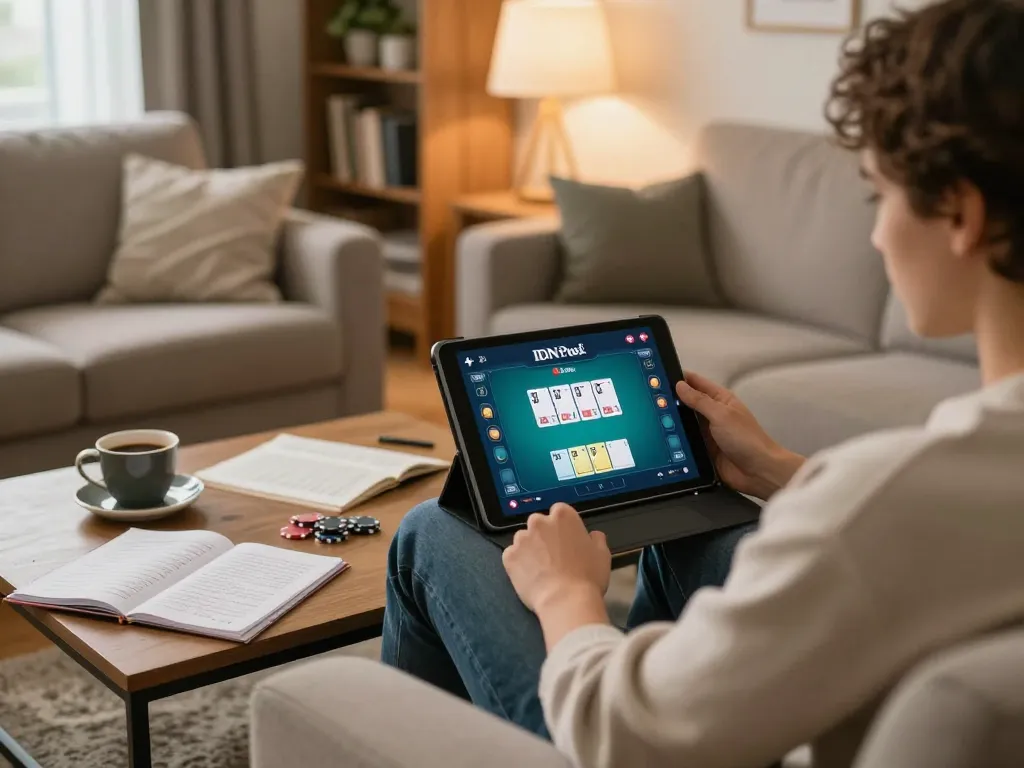 Play daftar idn poker on a tablet in a cozy home setup, showcasing strategy notes and relaxed atmosphere.