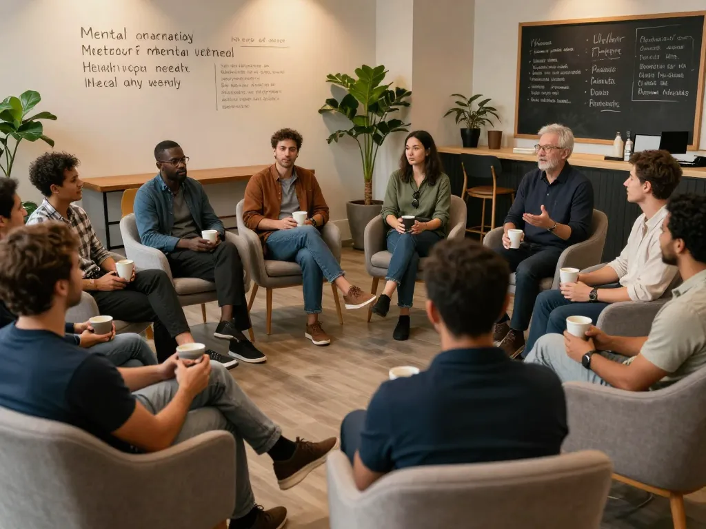 Men engaged in open discussions at a manclub for mental health support.